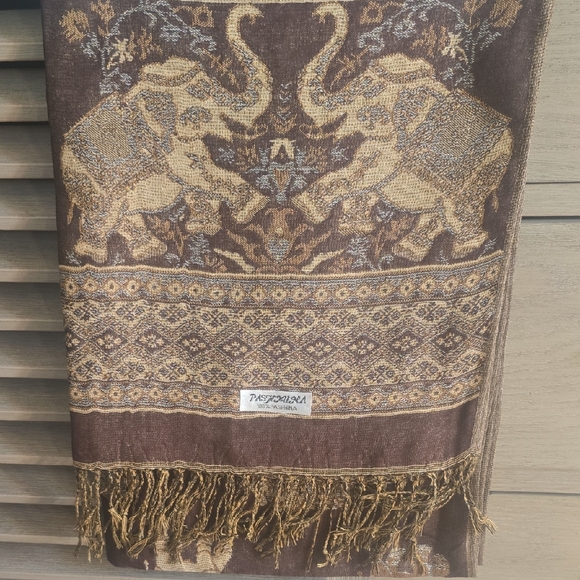 pashmina Accessories - Pashmina Brown and Gold Elephant Design Shawl